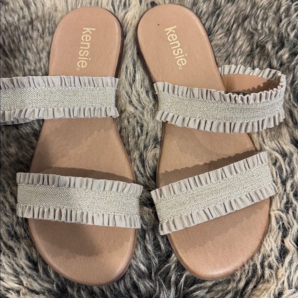 Kensie Taupe Ruffle Strap Sandals